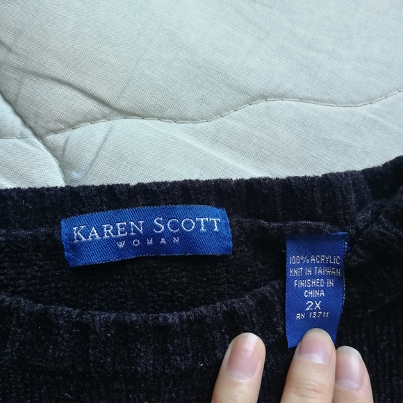 KAREN SCOTT Dark Brown Black Chenille Crew Neck Sweater Colourful Argyle 2X - Picture 5 of 8